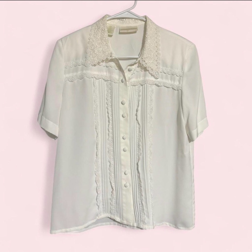 Vintage Christie & Jill white lace short sleeve button up, size 6 petite - Picture 4 of 6